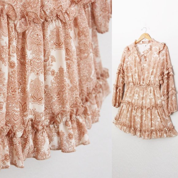 Moon River Women's M Paisley Print Tan Beige Tiered Ruffle Boho Mini Dress $118 - Picture 13 of 16